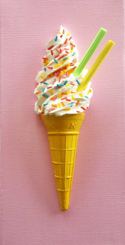 SOFT SERVE CONE - SPRINKLES & FRUIT STICKS ON PINK