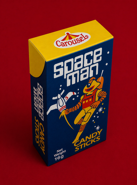 Space Man candy sticks packaging with Carousel logo on a red background