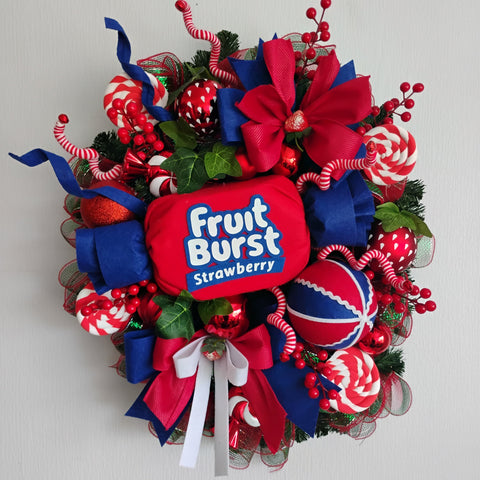 Strawberry Fruit Burst Wreath with lots of handmade picks and sprays